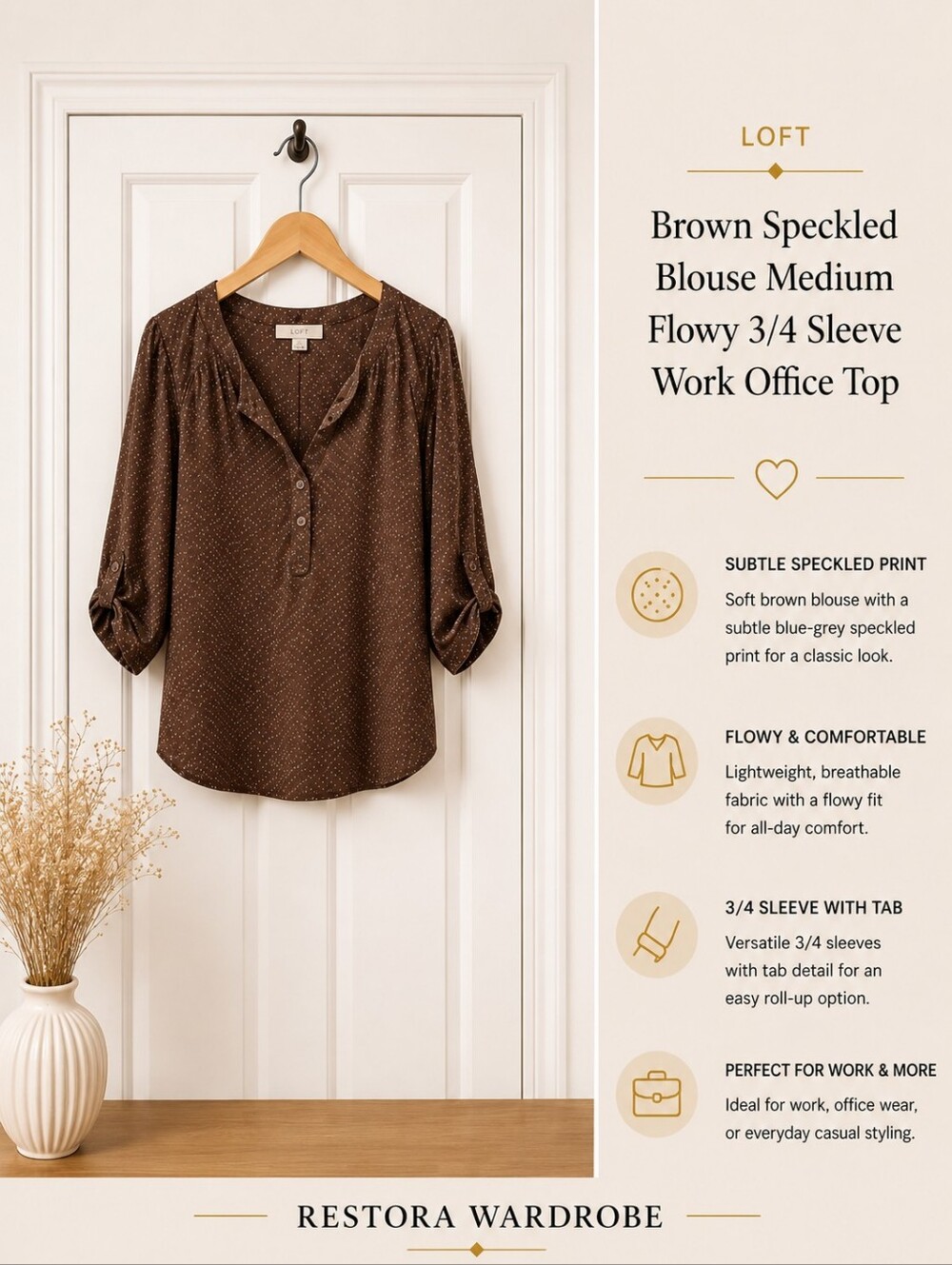 LOFT Brown Speckled Blouse M 3/4 Sleeve Work Office Top